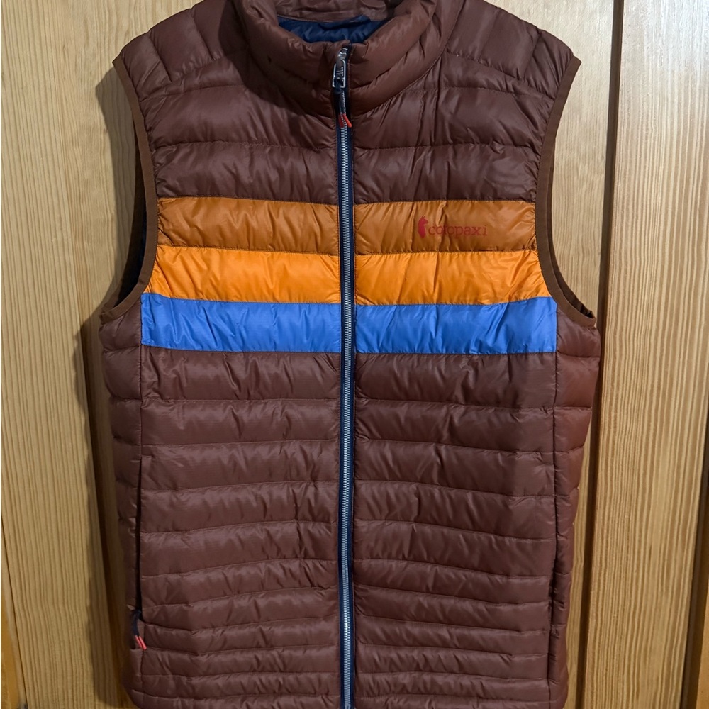 cotopaxi Brown Puffer Vest with Orange & Blue Stripes